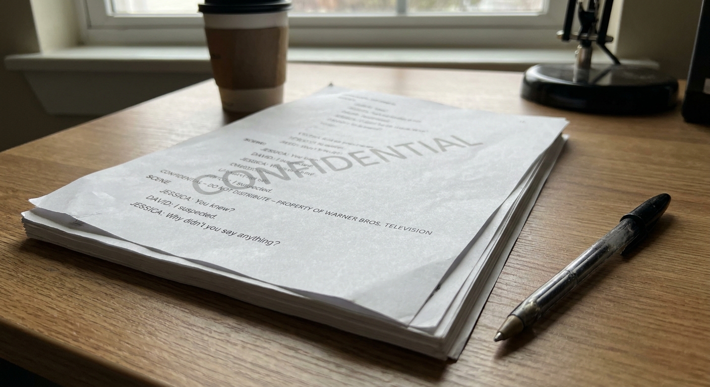 Printed audition sides on a desk showing a visible watermark and scene dialogue, with a pen resting beside the pages