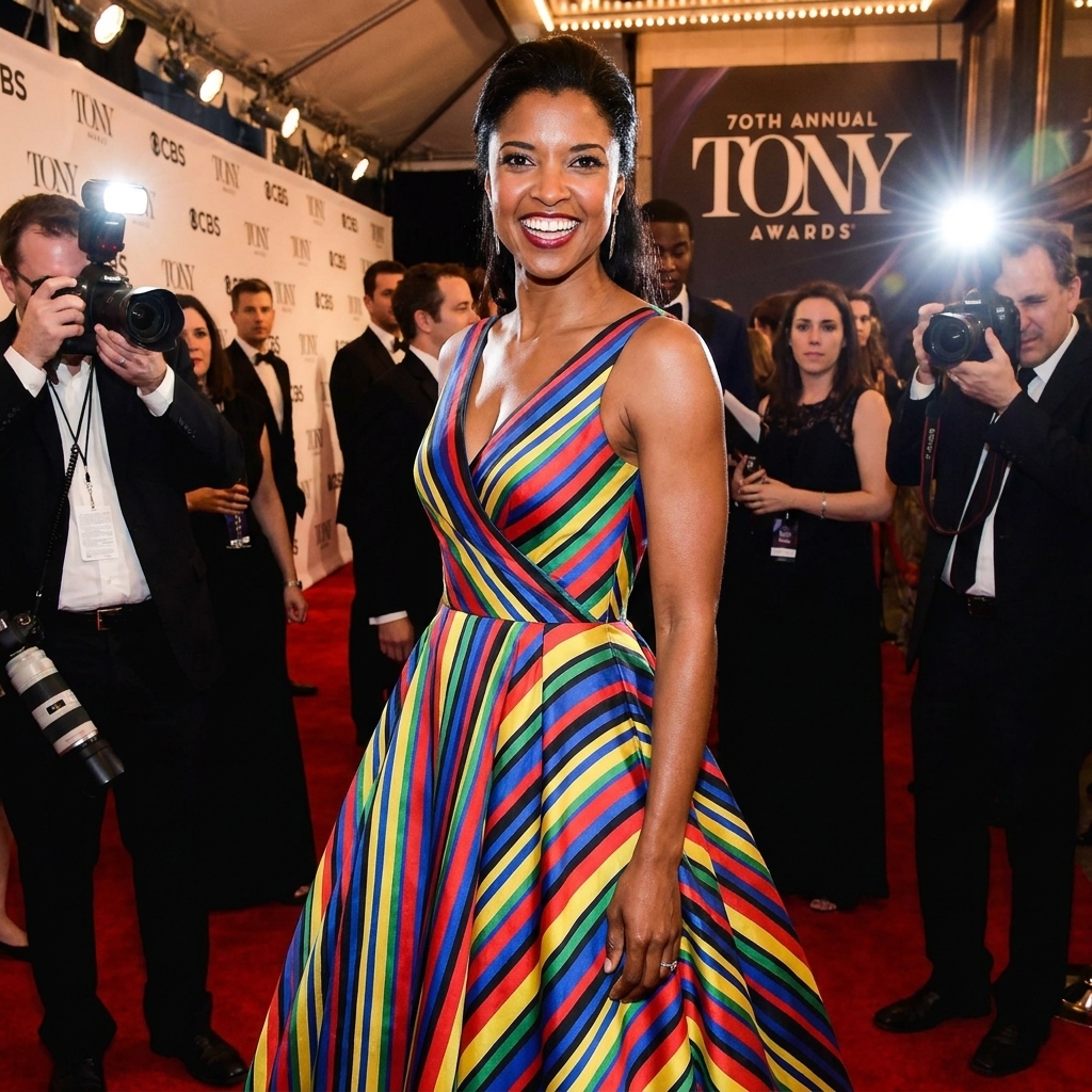 Renée Elise Goldsberry arriving at the 2016 Tony Awards wearing a vibrant multicolored striped gown, posing for photographers on the red carpet