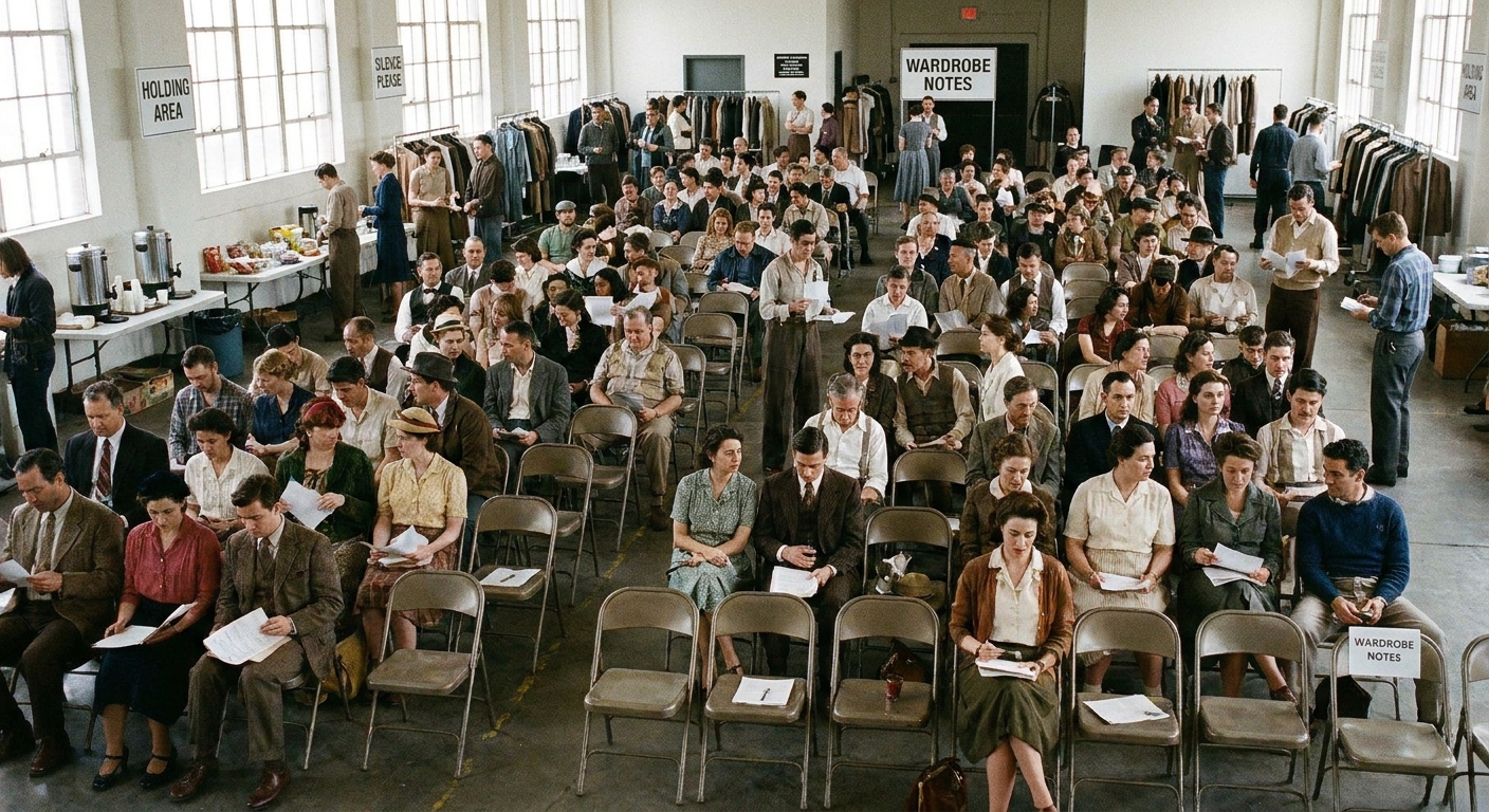 Rows of folding chairs in a holding area as background actors review wardrobe notes and wait for call time.