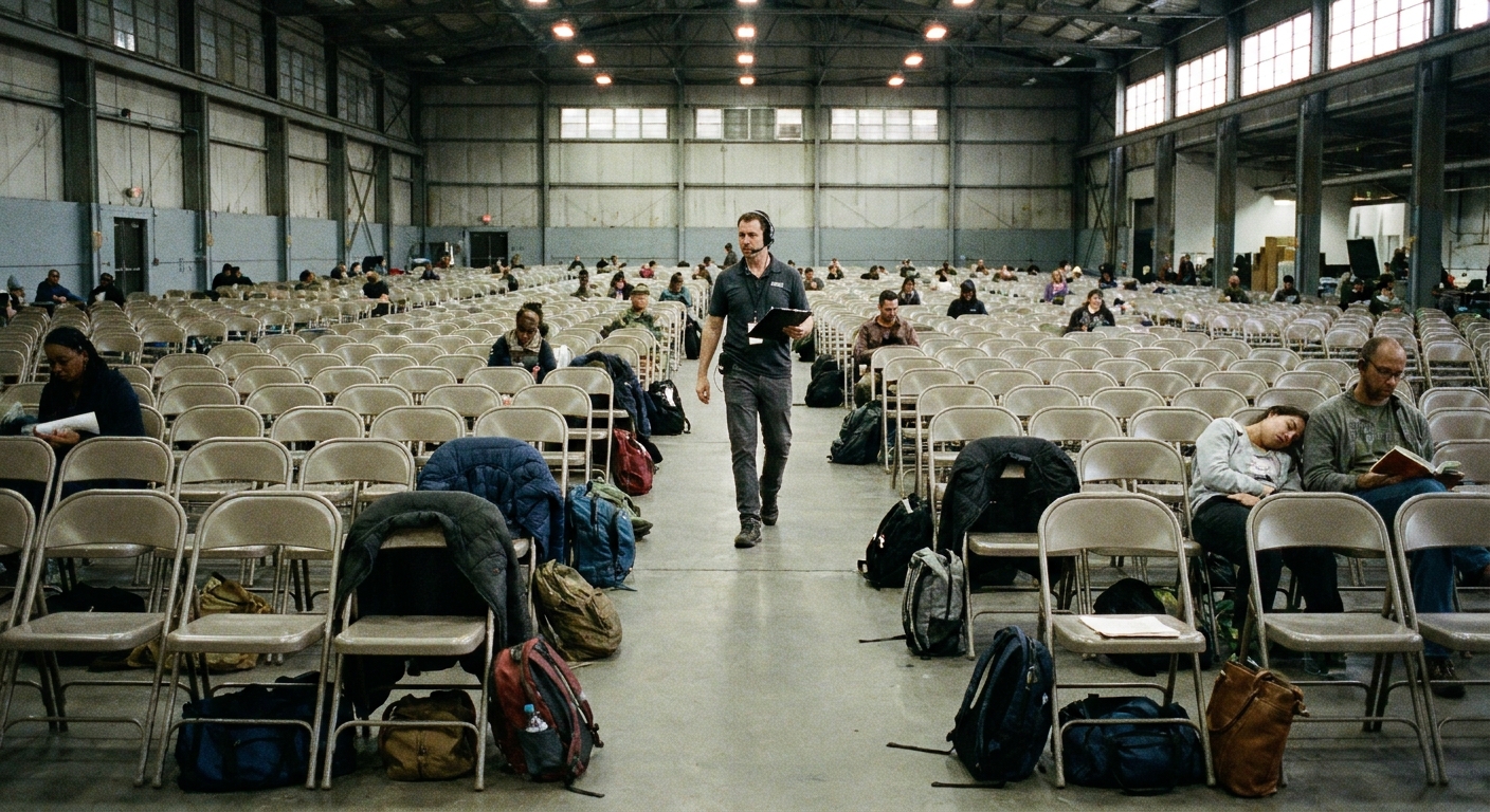 Rows of folding chairs in a large indoor holding area with extras’ bags under seats and a crew member walking down an aisle