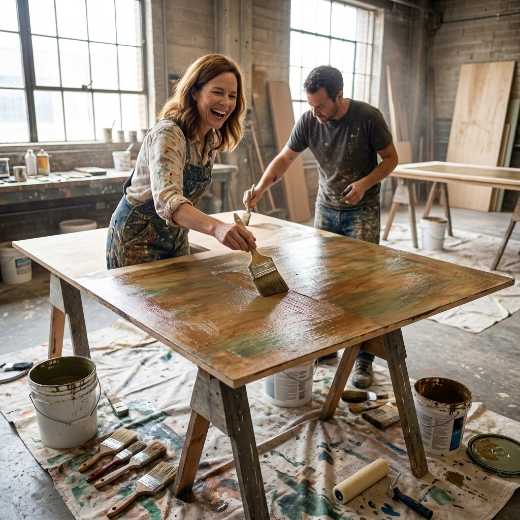 Scenic painters in a theatre paint shop applying layered paint textures to a large flat panel on sawhorses, with buckets, brushes, and drop cloths nearby