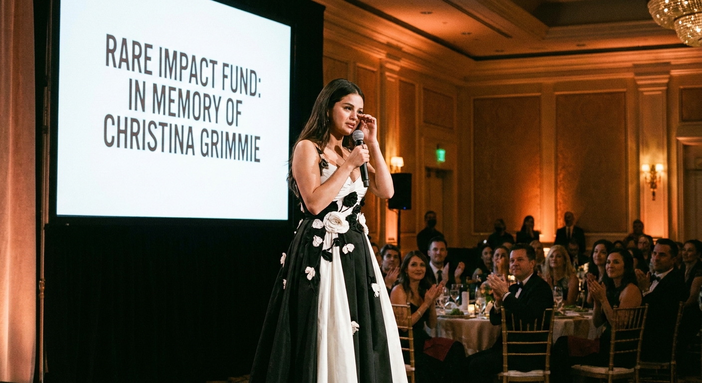 Selena Gomez speaks onstage at the Rare Impact Fund Gala, holding a microphone as she pays tribute.