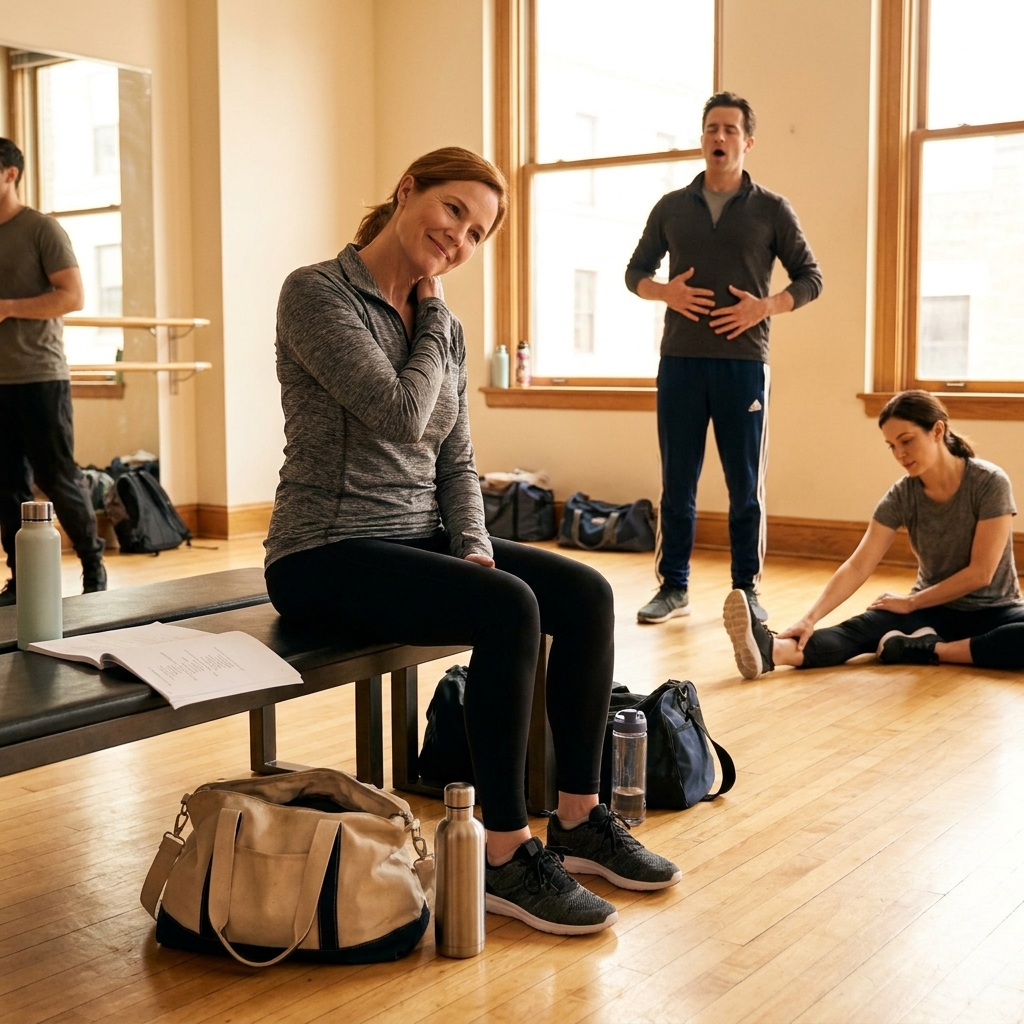 Several actors quietly stretch and do gentle vocal warmups in a rehearsal studio lobby with dance bags and water bottles.