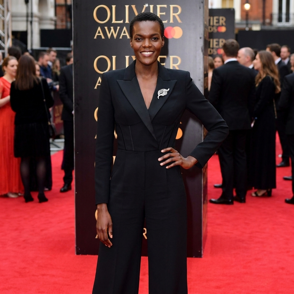 Sheila Atim at the 2019 Olivier Awards wearing a sleek black look with a modern silhouette, posing with composed, stage-ready posture