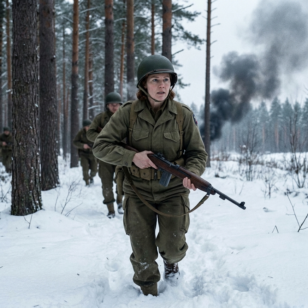 Soldiers in WWII uniforms moving through a snowy forest with smoke in the distance, tense wartime television scene