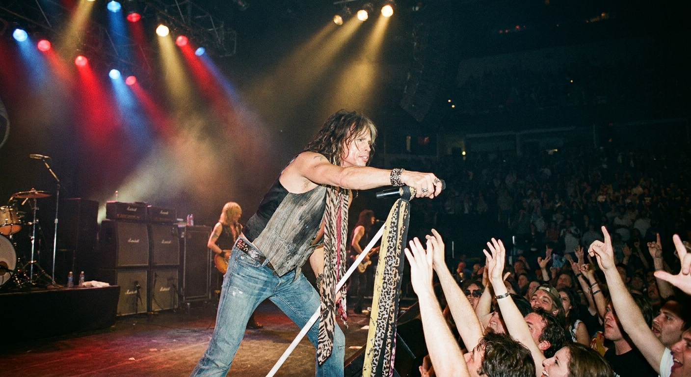 Steven Tyler performing onstage under concert lighting, holding a microphone and facing the crowd, live music photography style