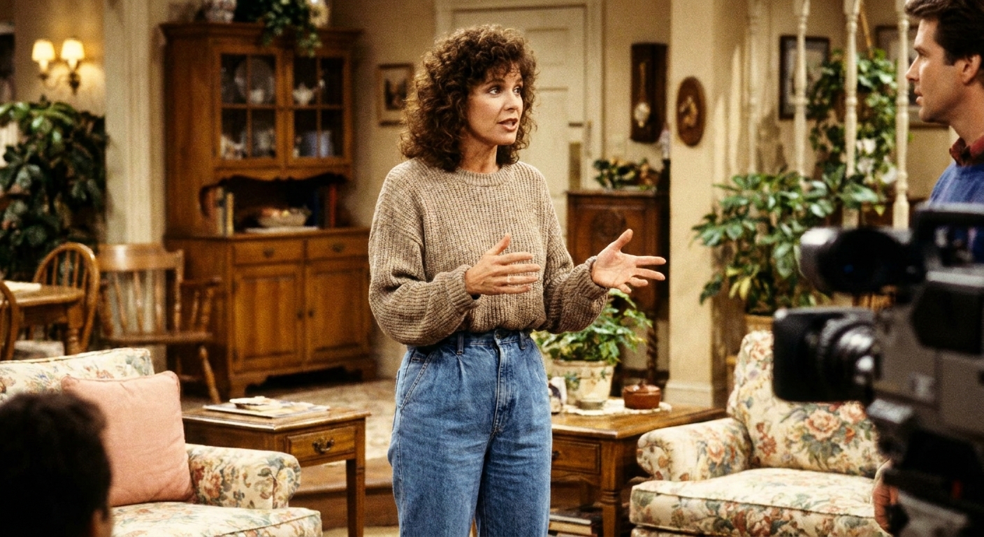 Susan Saint James as Kate McArdle in Kate & Allie, mid-scene in a warmly lit living room set, wearing 1980s casual clothing.