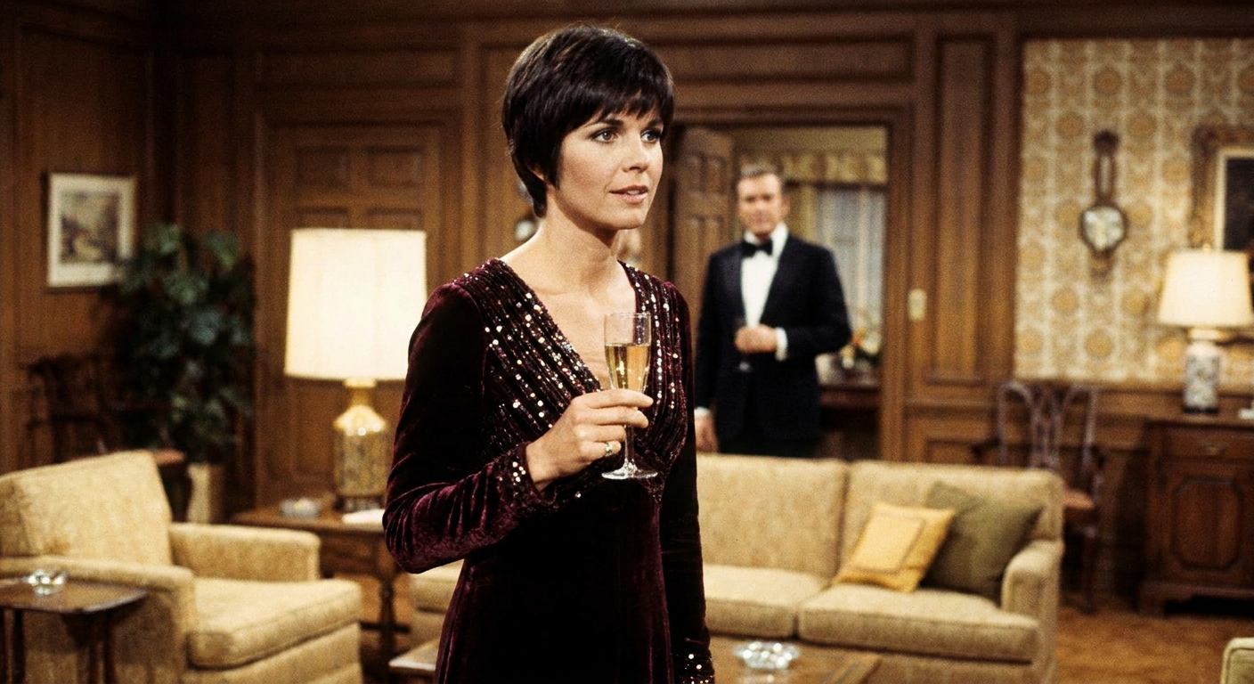 Susan Saint James as Sally McMillan in a scene from McMillan & Wife, dressed in 1970s eveningwear and standing in an interior set.