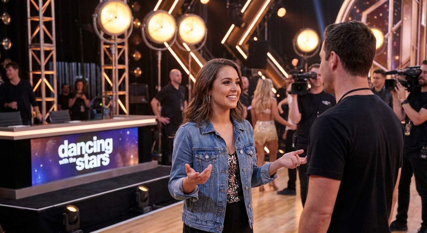 Tate Madden at a Dancing with the Stars studio appearance, photographed in a candid moment near the stage with production lighting behind her