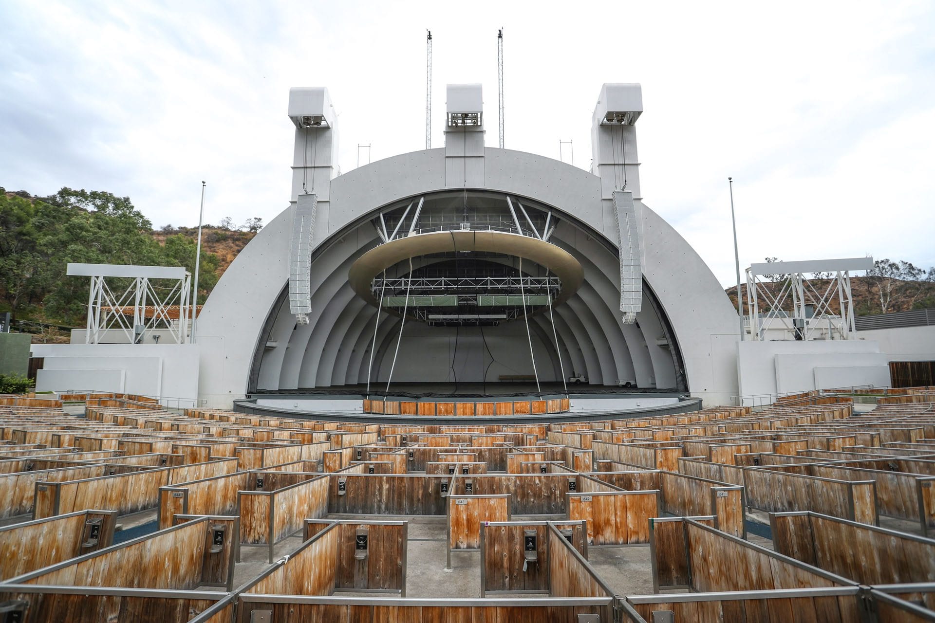 The Hollywood Bowl amphitheater in Los Angeles during a concert evening, with the stage lit and the seating area visible
