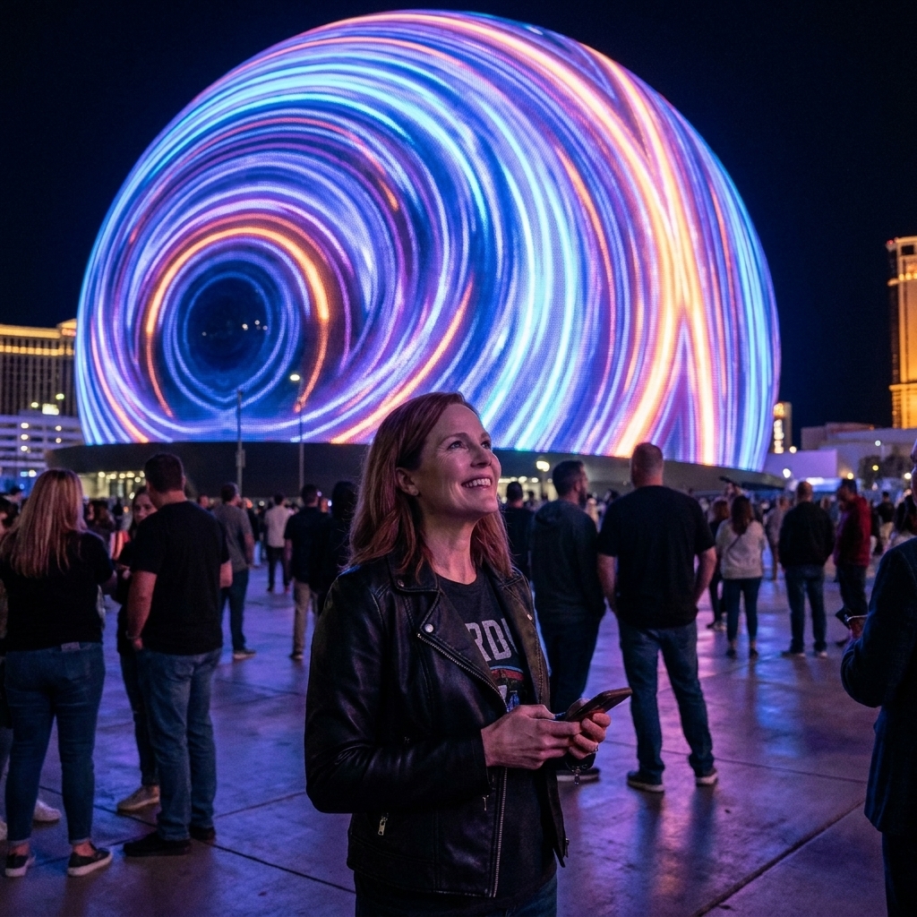The Las Vegas Sphere glowing at night with animated LED patterns across its surface, with people gathered outside on the plaza