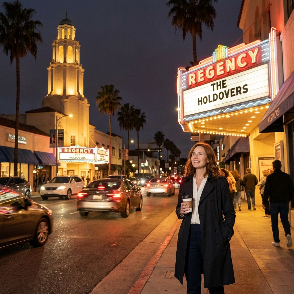 The Regency Village Theatre in Westwood with its tall tower and bright marquee lights at night, cars passing in the foreground