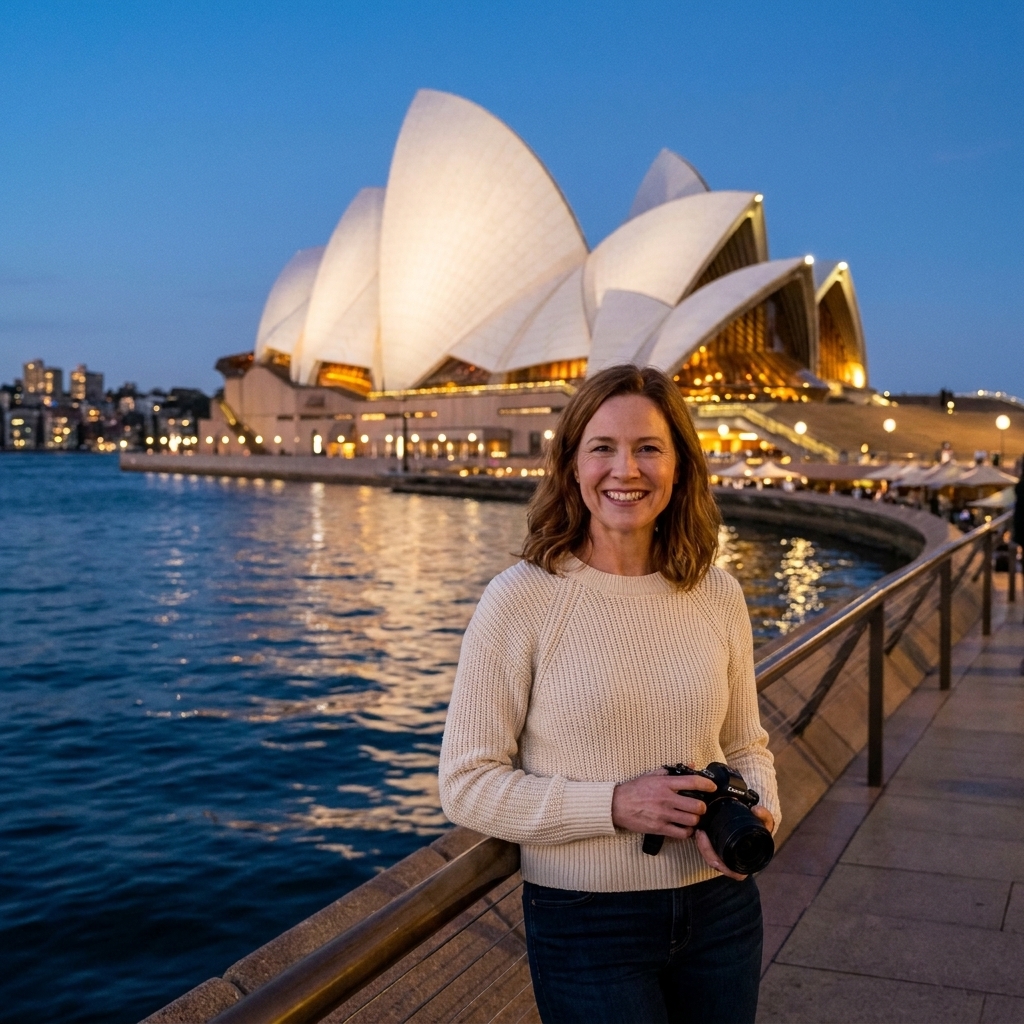 The Sydney Opera House at dusk, with its white sail-like roofs glowing softly above Sydney Harbour and the water reflecting city lights