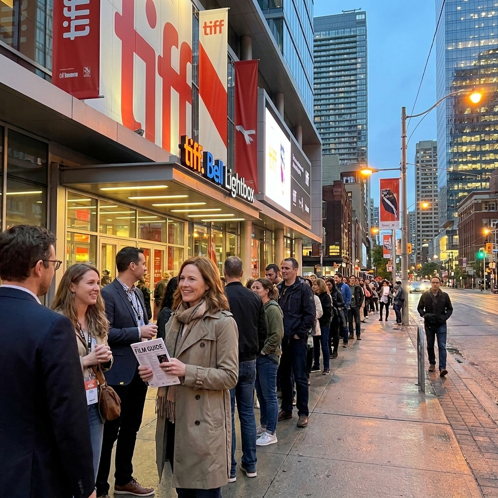 The TIFF Bell Lightbox exterior in downtown Toronto with festival signage and a line of attendees along the sidewalk in early evening