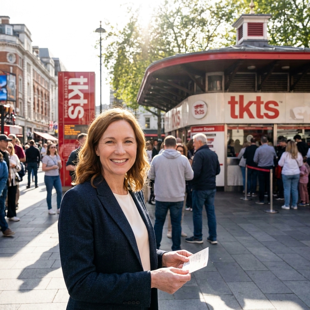 The TKTS booth in Leicester Square in London with people gathered outside on a bright afternoon