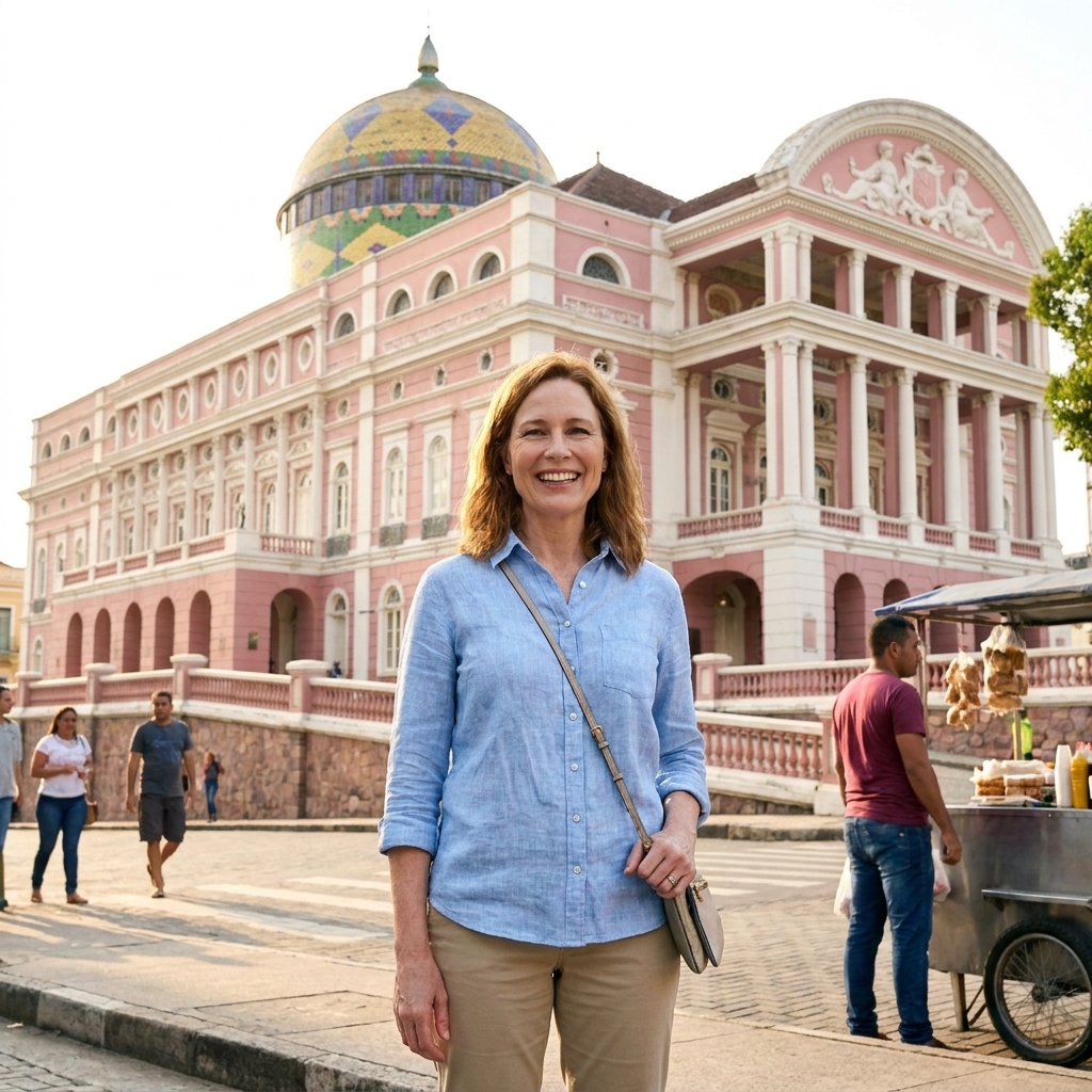 The Teatro Amazonas in Manaus, Brazil, photographed from street level in daylight, showing its colorful tiled dome and ornate historic facade