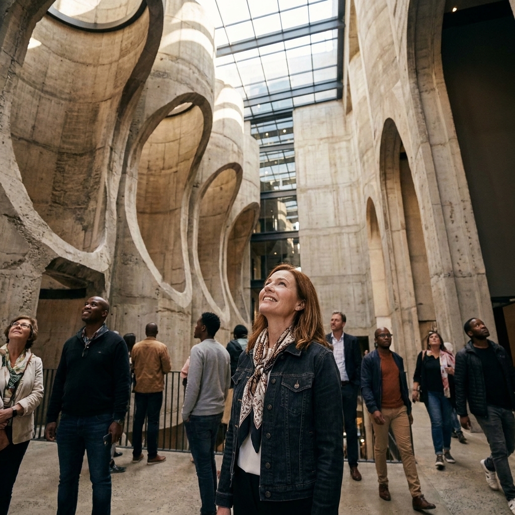 The dramatic atrium interior of Zeitz MOCAA in Cape Town with visitors looking upward and moving through the space