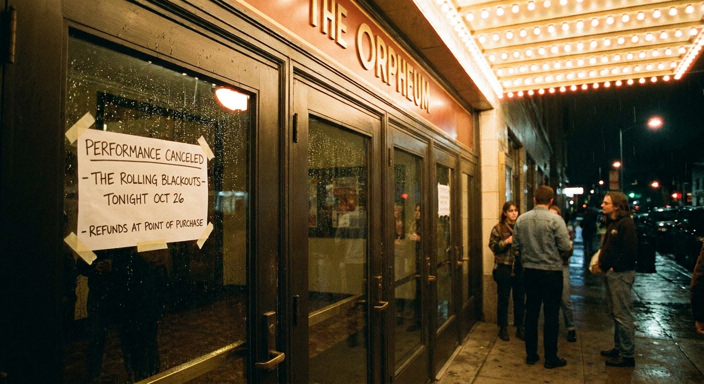 The entrance doors of a concert venue with a paper notice indicating a performance has been canceled, photographed at night with the venue lights on