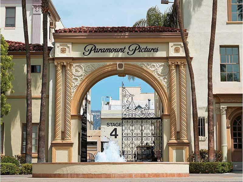 The entrance gate and signage of the Paramount Pictures studio lot, photographed in daylight