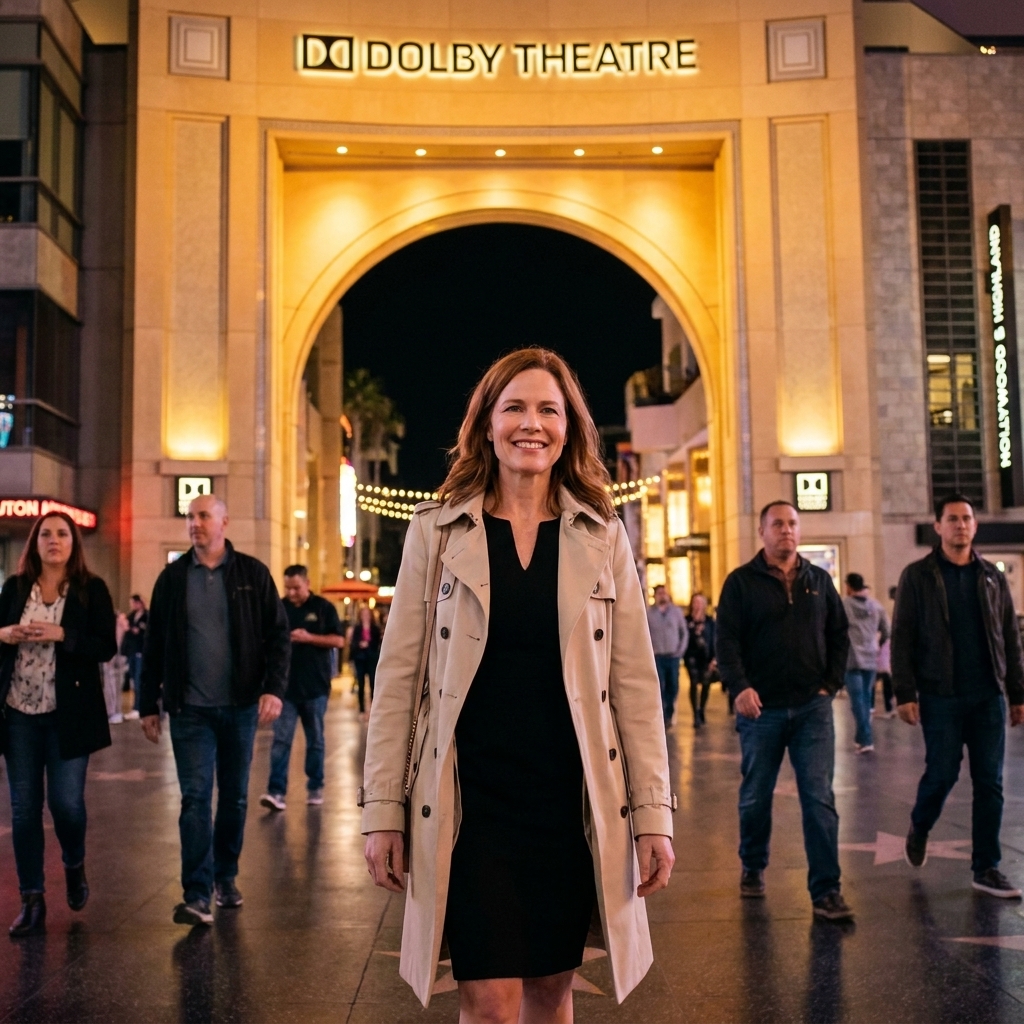 The entrance of the Dolby Theatre at Hollywood and Highland with its grand archway and warm lighting, with pedestrians walking through the plaza
