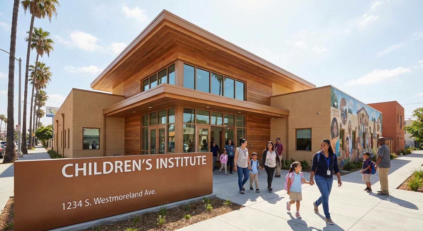The exterior of Children’s Institute in Los Angeles, with families and staff entering the building during daytime
