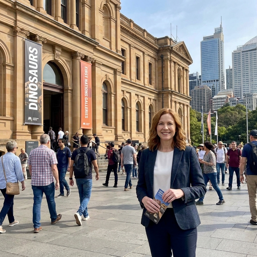 The exterior of a large museum building in Sydney with banners near the entrance and visitors gathering on the forecourt