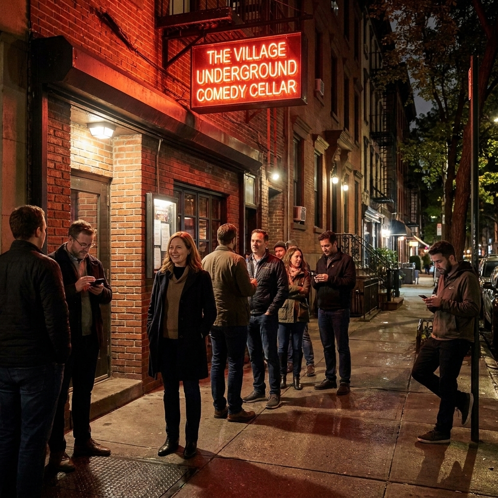 The exterior of a small brick-front comedy club on MacDougal Street in Greenwich Village at night with a glowing sign and a short line of patrons waiting on the sidewalk