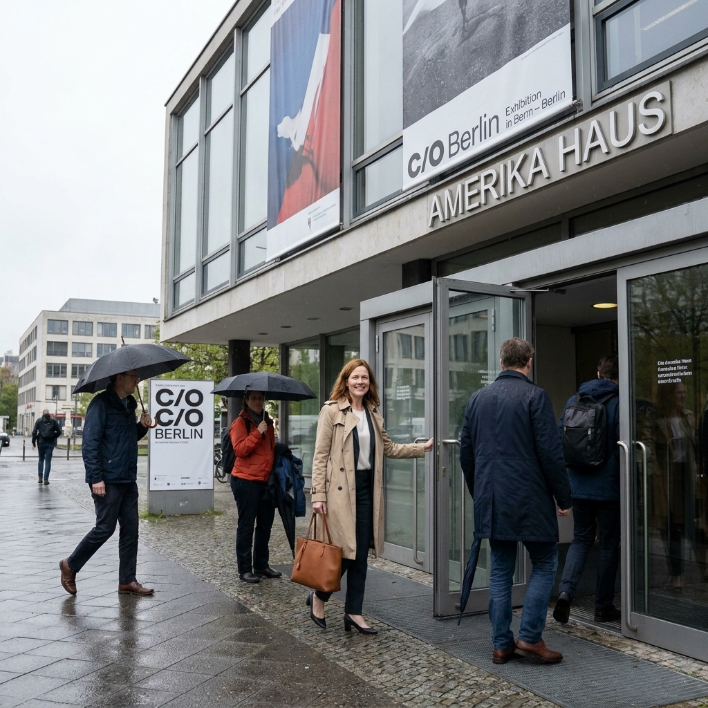 The exterior of the Amerika Haus building in Berlin with signage for C/O Berlin, photographed on an overcast day with people entering