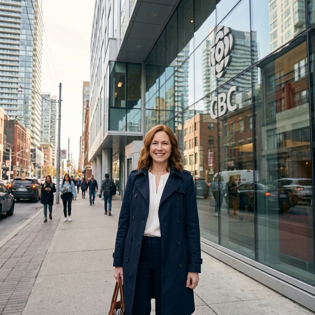 The exterior of the CBC Broadcasting Centre in Toronto with modern glass architecture and a street-level view