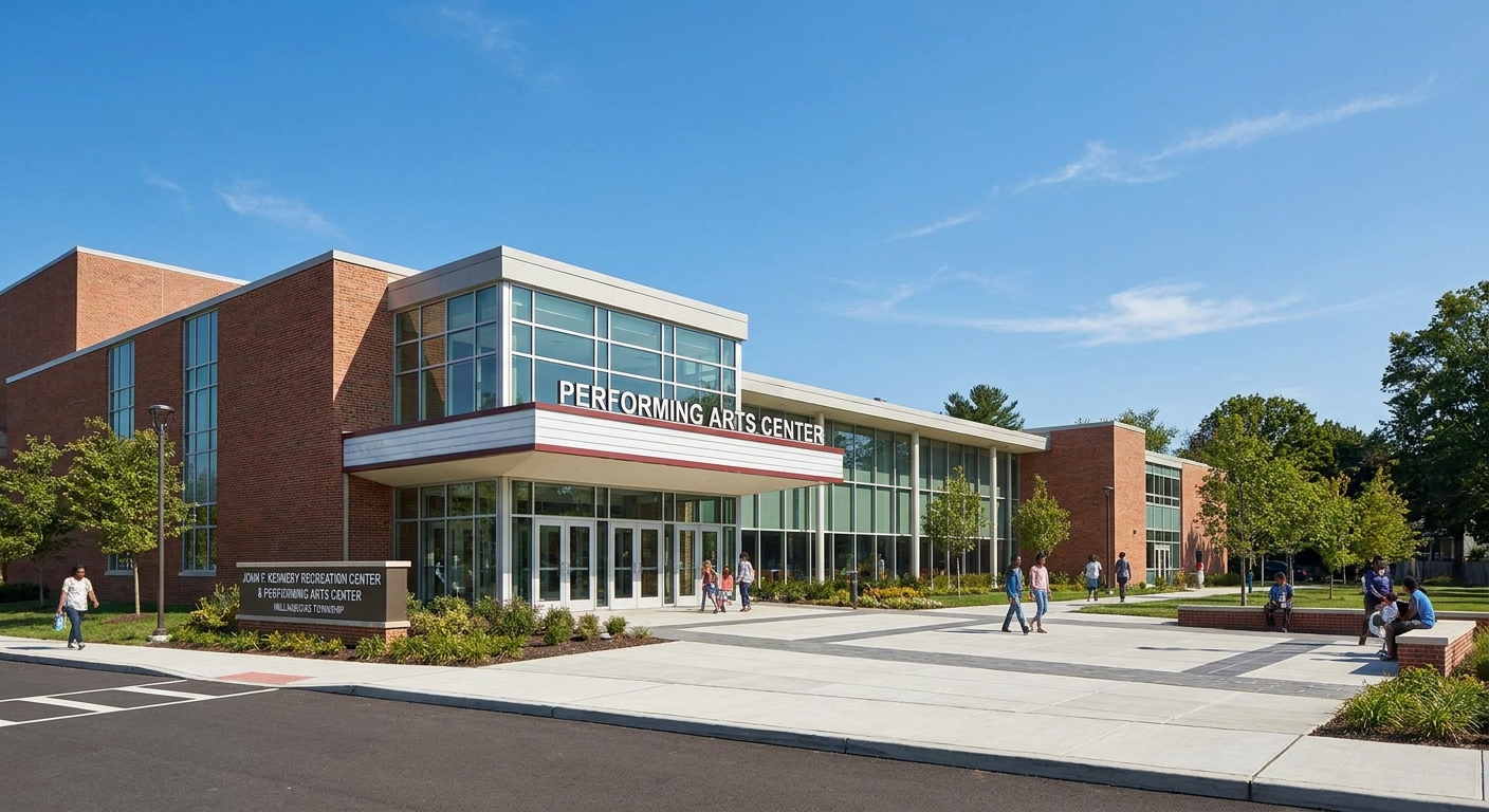 The exterior of the John F. Kennedy Recreation Center in Willingboro Township on a clear day, showing the entrance area where the performing arts center is located