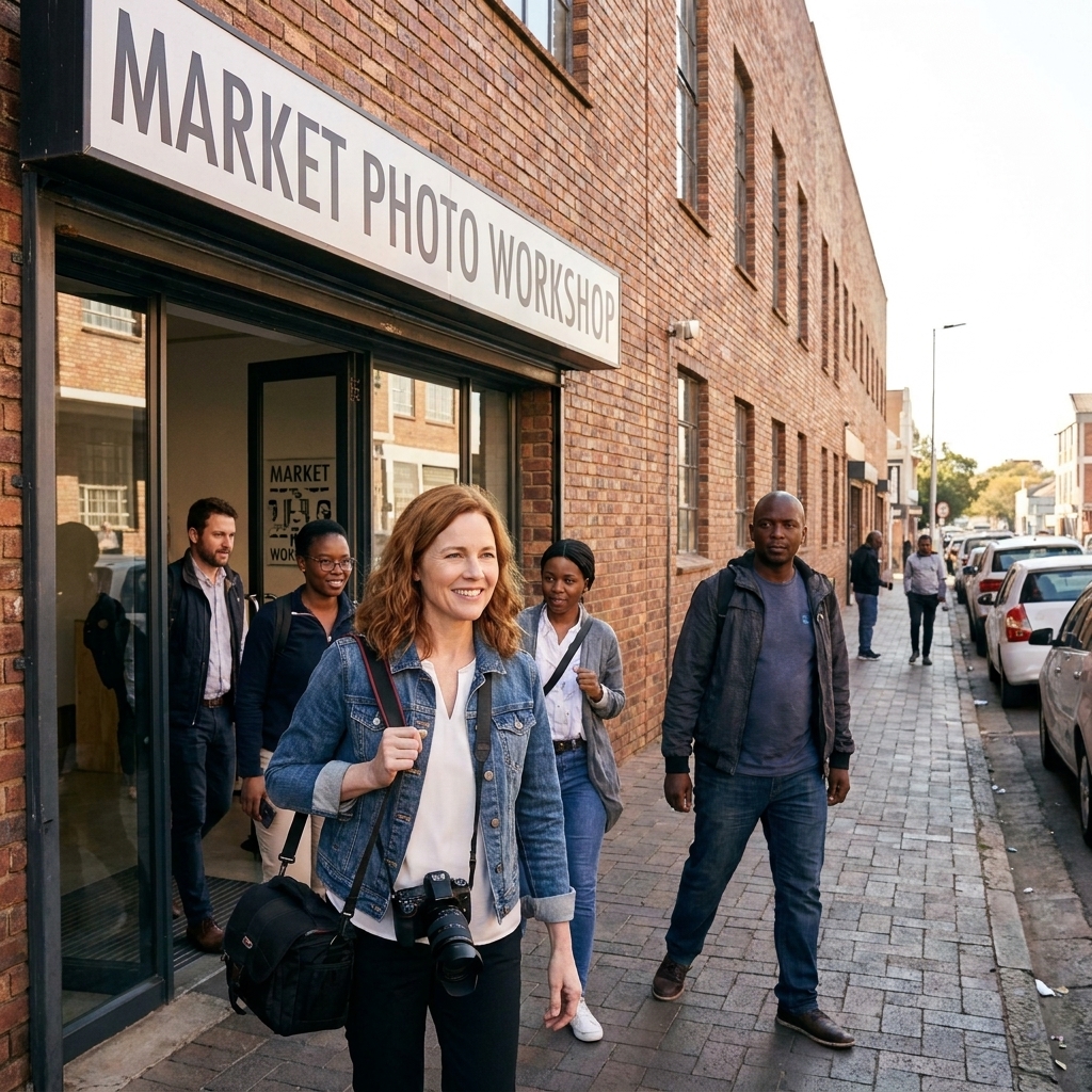 The exterior of the Market Photo Workshop in Johannesburg with signage visible near the entrance and people arriving for a program