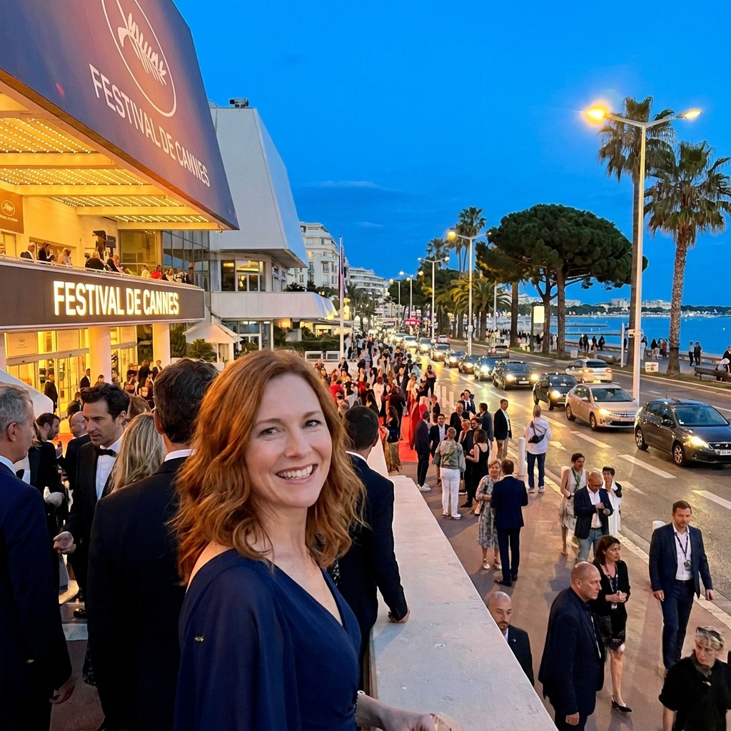 The exterior of the Palais des Festivals in Cannes at dusk with festivalgoers gathered near the entrance and the Croisette promenade bustling nearby