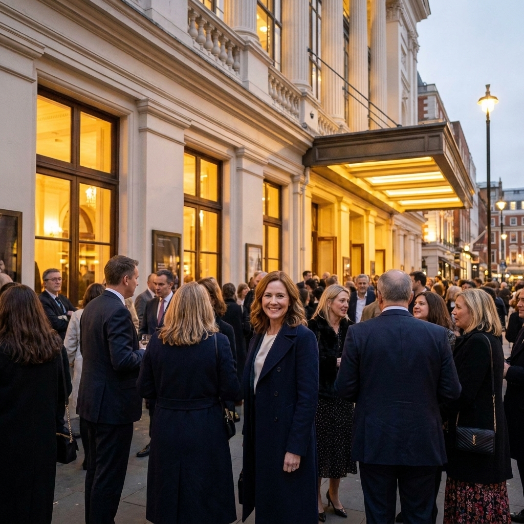 The exterior of the Royal Opera House in Covent Garden, London, with people gathered near the entrance and warm evening lights glowing through the windows