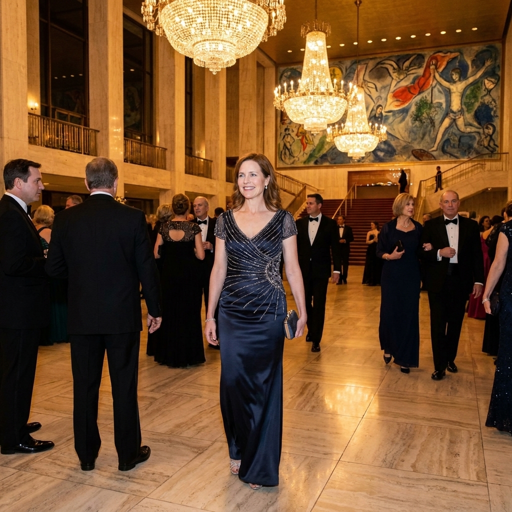 The grand lobby of the Metropolitan Opera House at Lincoln Center in New York City, with glowing chandeliers and patrons in evening attire walking across the marble floor