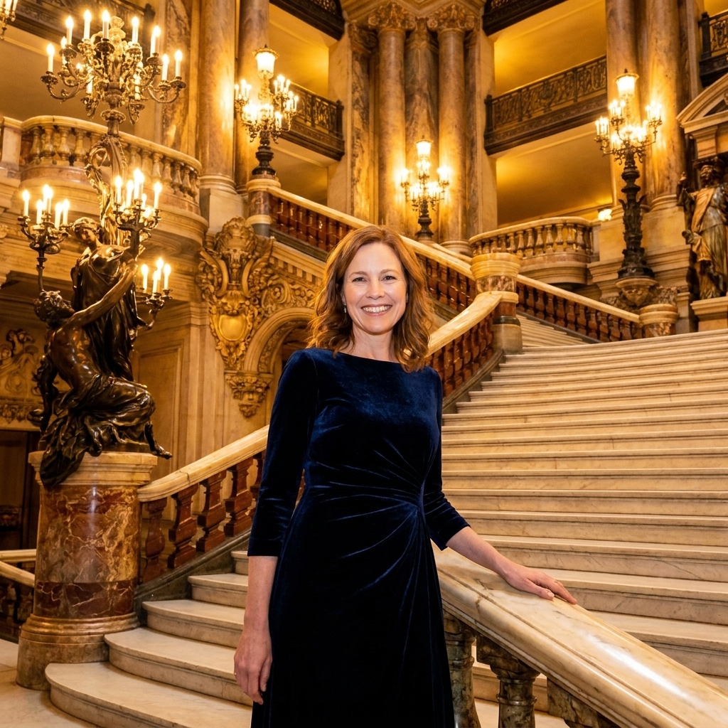 The grand staircase inside the Palais Garnier in Paris, with sweeping marble steps, ornate gold sculptures, and warm chandelier light
