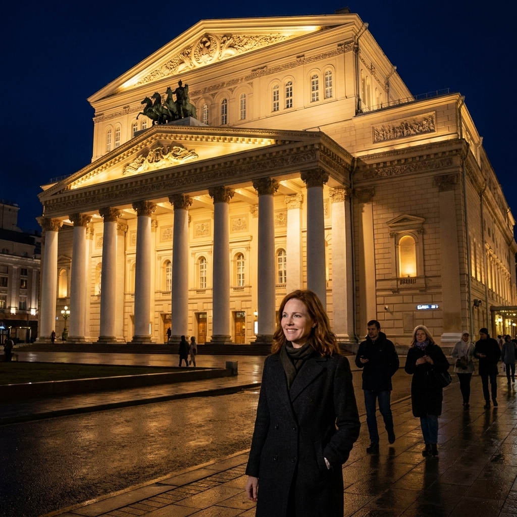 The illuminated neoclassical facade of the Bolshoi Theatre in Moscow at night, with tall columns and the quadriga sculpture above the entrance