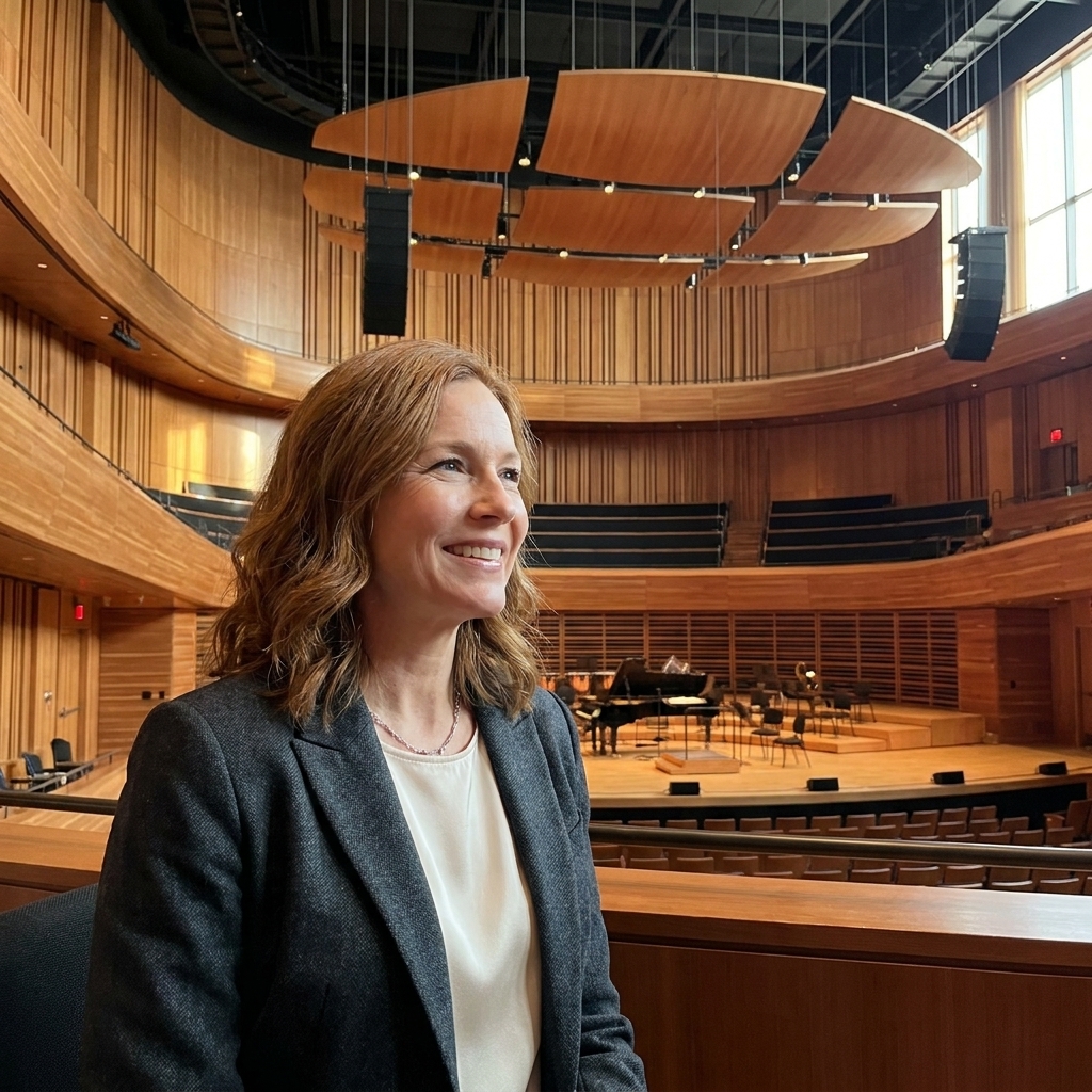 The interior of a modern concert hall with curved wood surfaces and suspended acoustic panels above the stage
