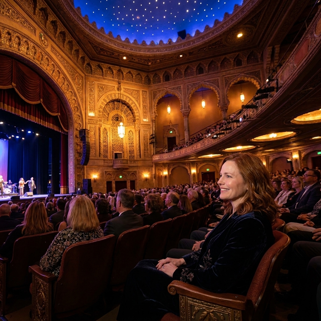 The interior of the Fox Theatre in Atlanta with ornate Moorish-inspired details, glowing ceiling lights, and a wide view toward the stage