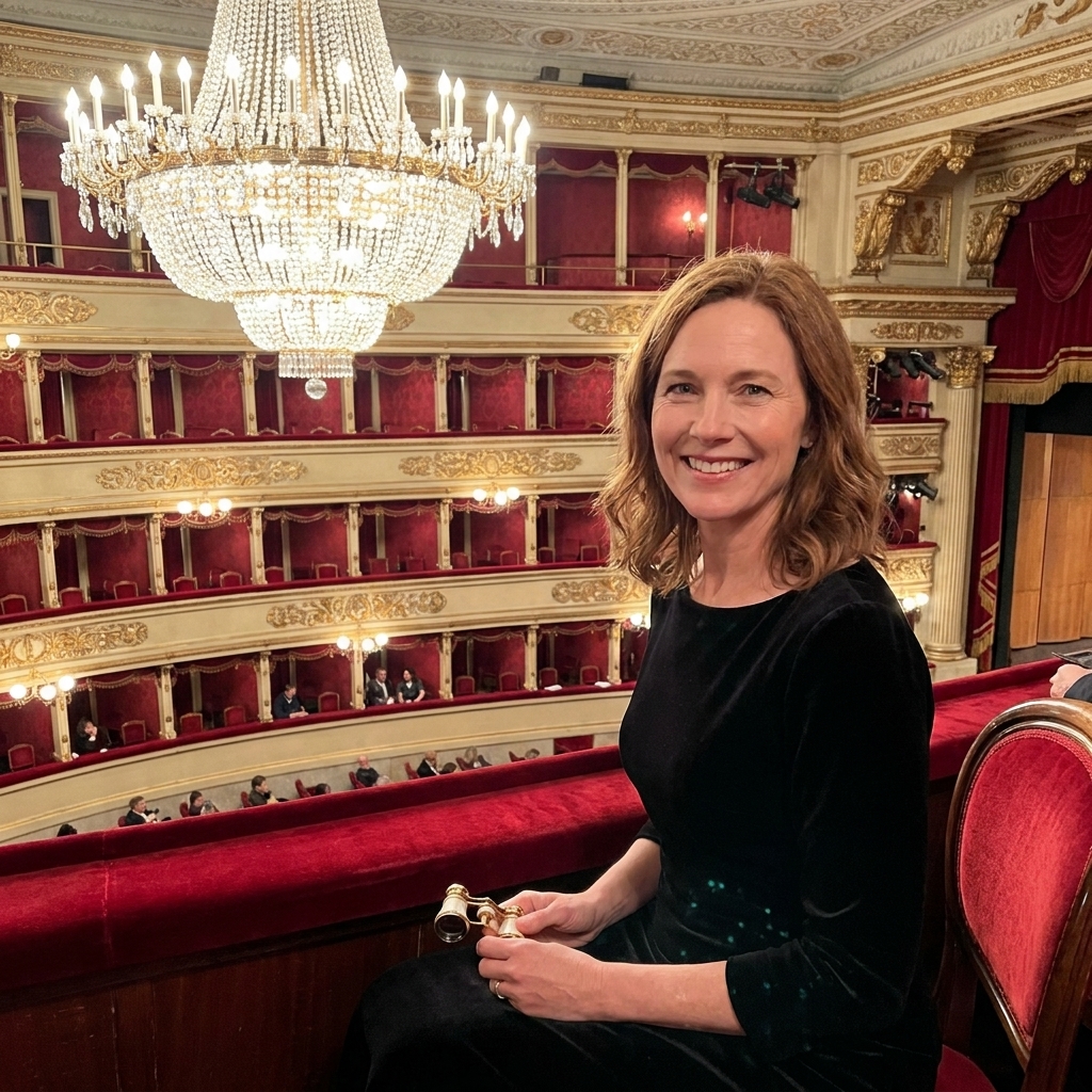 The richly decorated interior of Teatro alla Scala in Milan, showing red velvet balconies, ornate gold detailing, and the chandelier above the orchestra seating