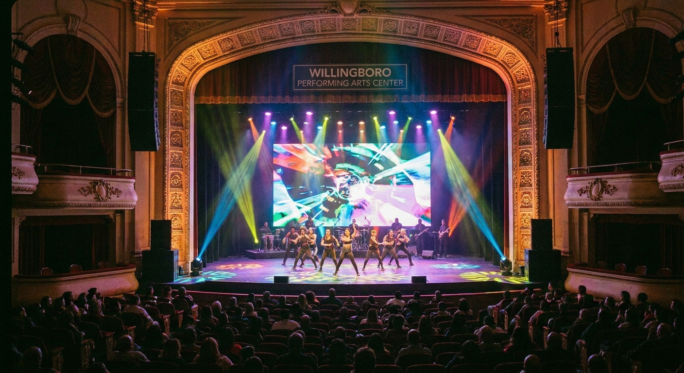 The stage at the Willingboro Performing Arts Center viewed from the seating area, with theatrical lighting and a large video wall behind the performance space