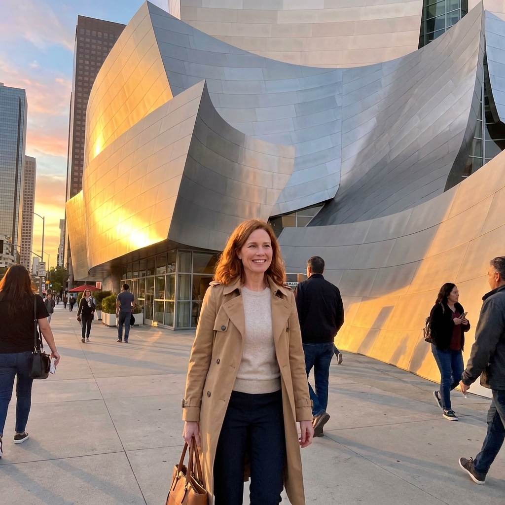 The stainless steel curves of Walt Disney Concert Hall in downtown Los Angeles reflecting late afternoon light, with people walking along the sidewalk