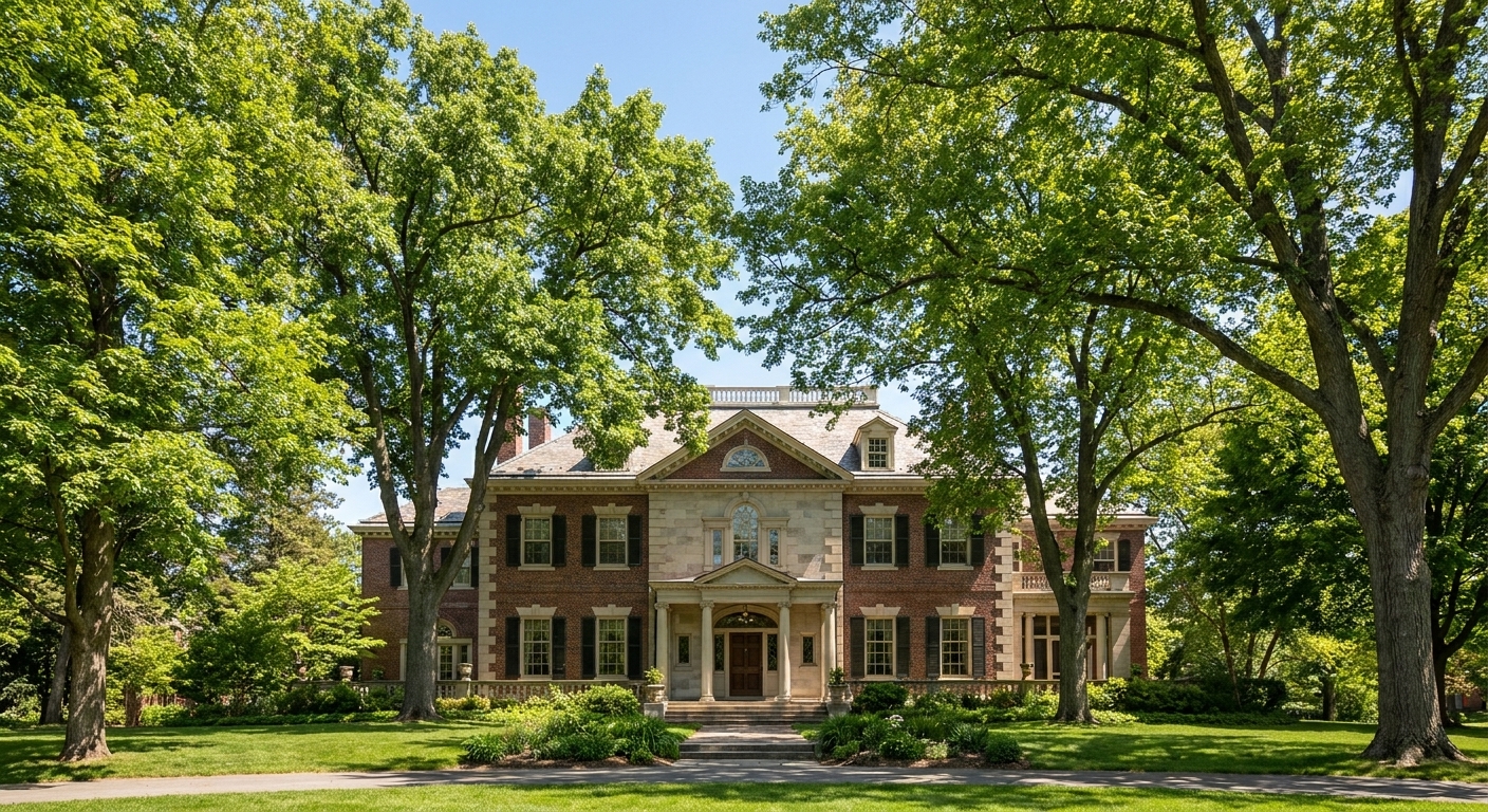 The stately exterior of the George Eastman Museum in Rochester on a clear day, with leafy trees framing the historic mansion