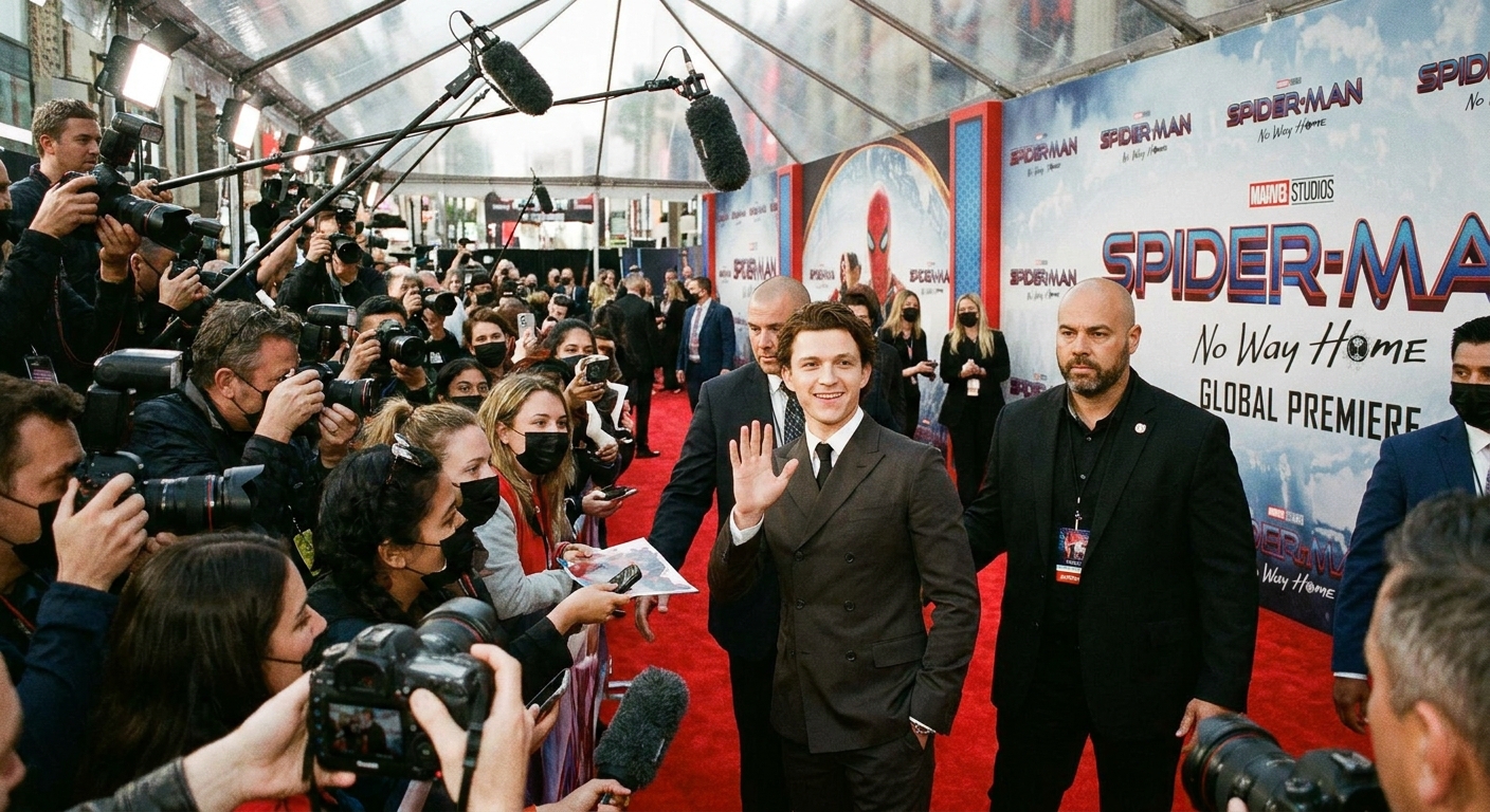 Tom Holland arriving at a red carpet premiere for a Spider-Man film, photographed in a candid event moment