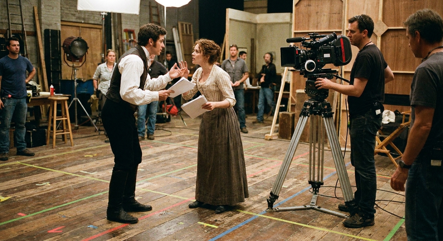 Two actors rehearse a scene on a film set while tape marks are visible on the floor and a camera on a tripod waits for the next take
