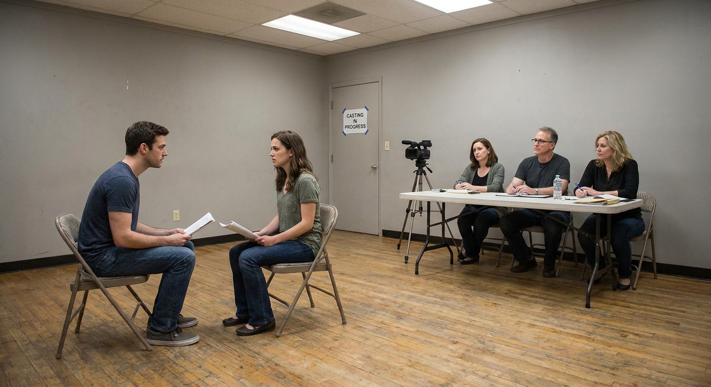 Two actors seated facing each other in a simple audition studio during a chemistry read while a casting team observes from a table