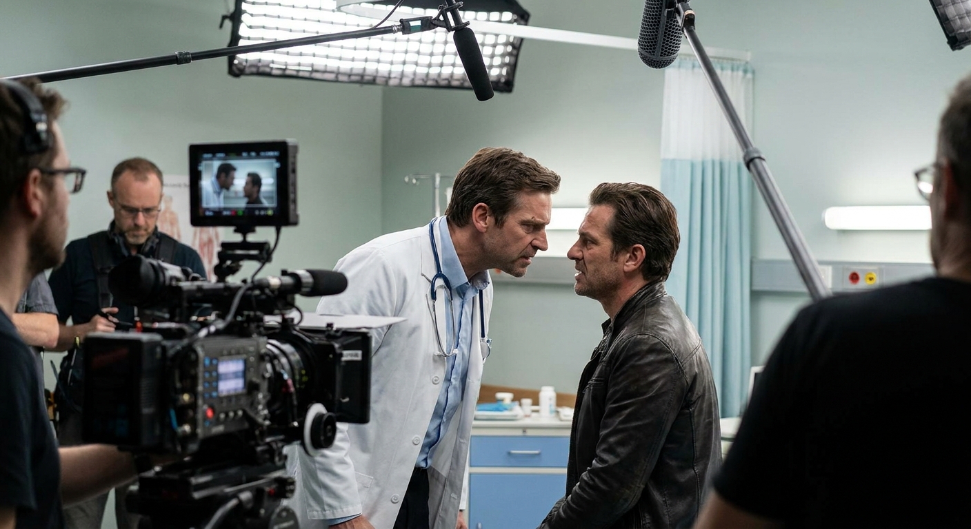 Two characters in a tense face-to-face moment on a hospital set.
