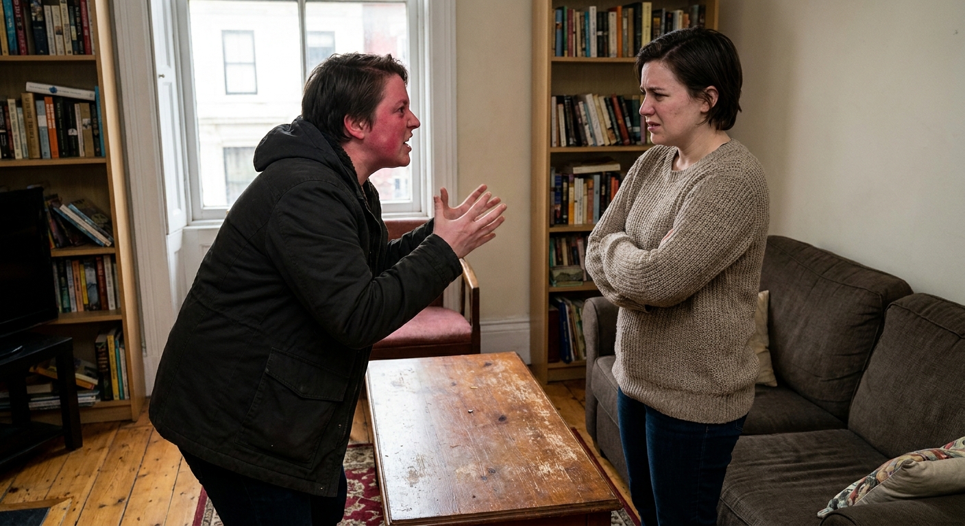 Two characters in an intense confrontation inside a home, their expressions tense as the argument peaks.