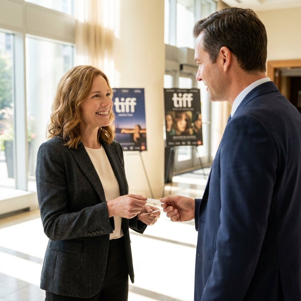 Two industry attendees exchanging business cards in a bright hotel lobby during TIFF, with screening posters blurred in the background