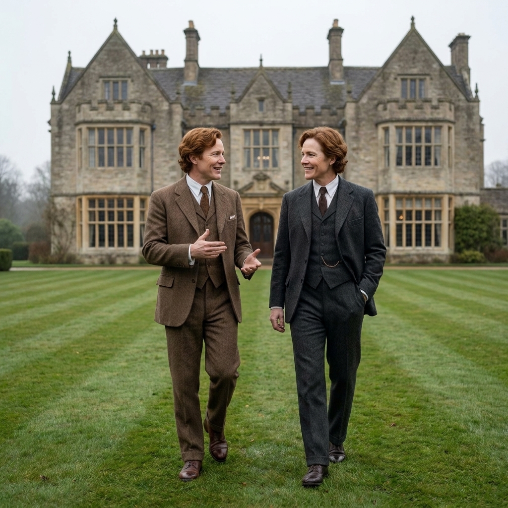 Two men in early-20th-century suits walking across a manicured estate lawn toward an ornate English manor under overcast skies