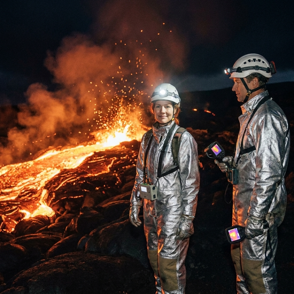 Two volcanologists standing near a glowing lava flow at night, wearing protective gear, with sparks and smoke rising behind them, documentary still